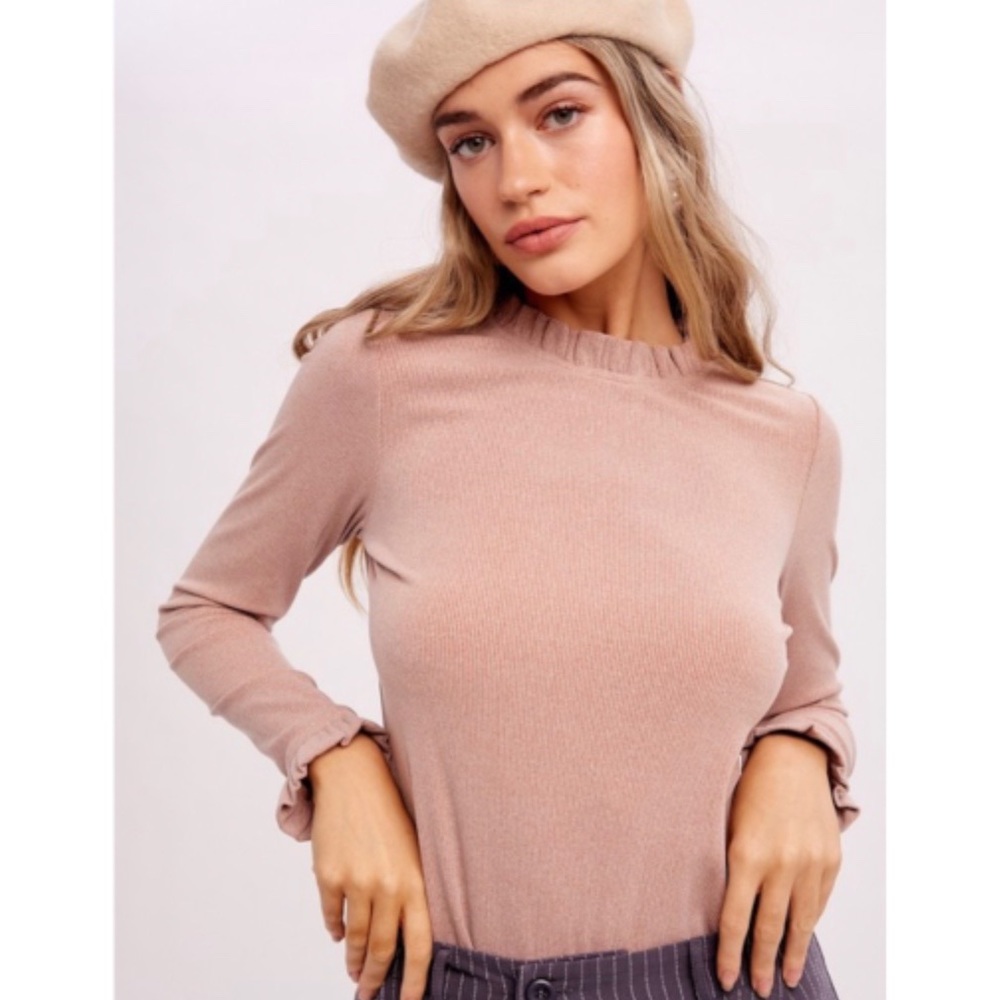 New// Blush Ribbed Ruffle Long Sleeve Top - Picture 3 of 6